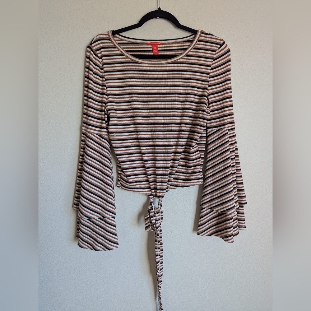 Chic Bell Sleeve Striped Tie Waist Top Size XL